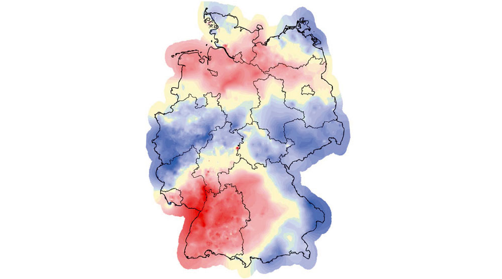 Übersichtskarte von Deutschland mit den Bundeslandgrenzen. In gelb, rot und blau eingefärbte Bereiche zeigen die Höhendifferenzen nach dem Wechsel des Höhensystems DHHN92 zu DHHN2016.