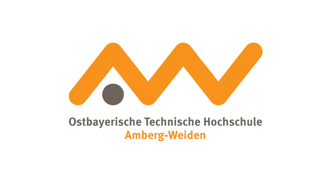 ockerfarbene waagrechte Zickzacklinie, im ersten Dreieck ein schwarzer Punkt, darunter der Schriftzug Ostbayerische Technische Hochschule Amberg-Weiden